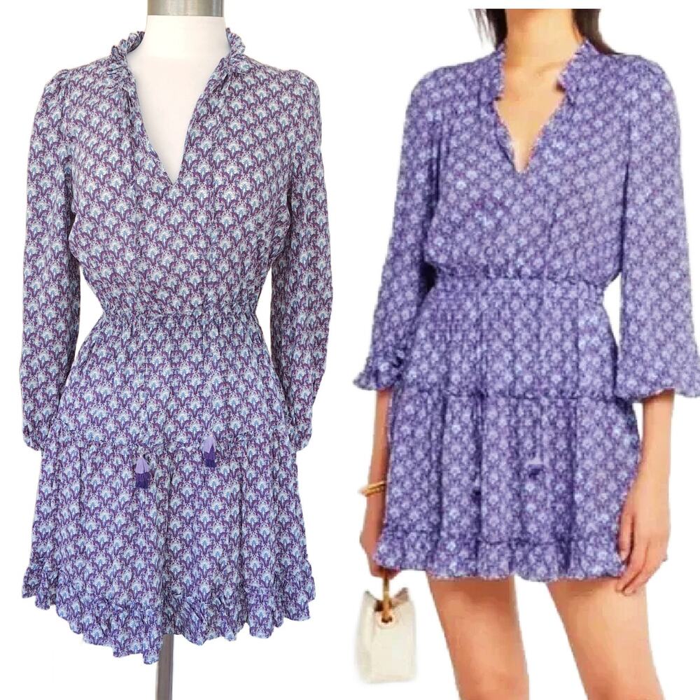 O.P.T Tuckernuck Tiered Mini Dress Size XS Long Sleeve Tassel Purple Floral Boho